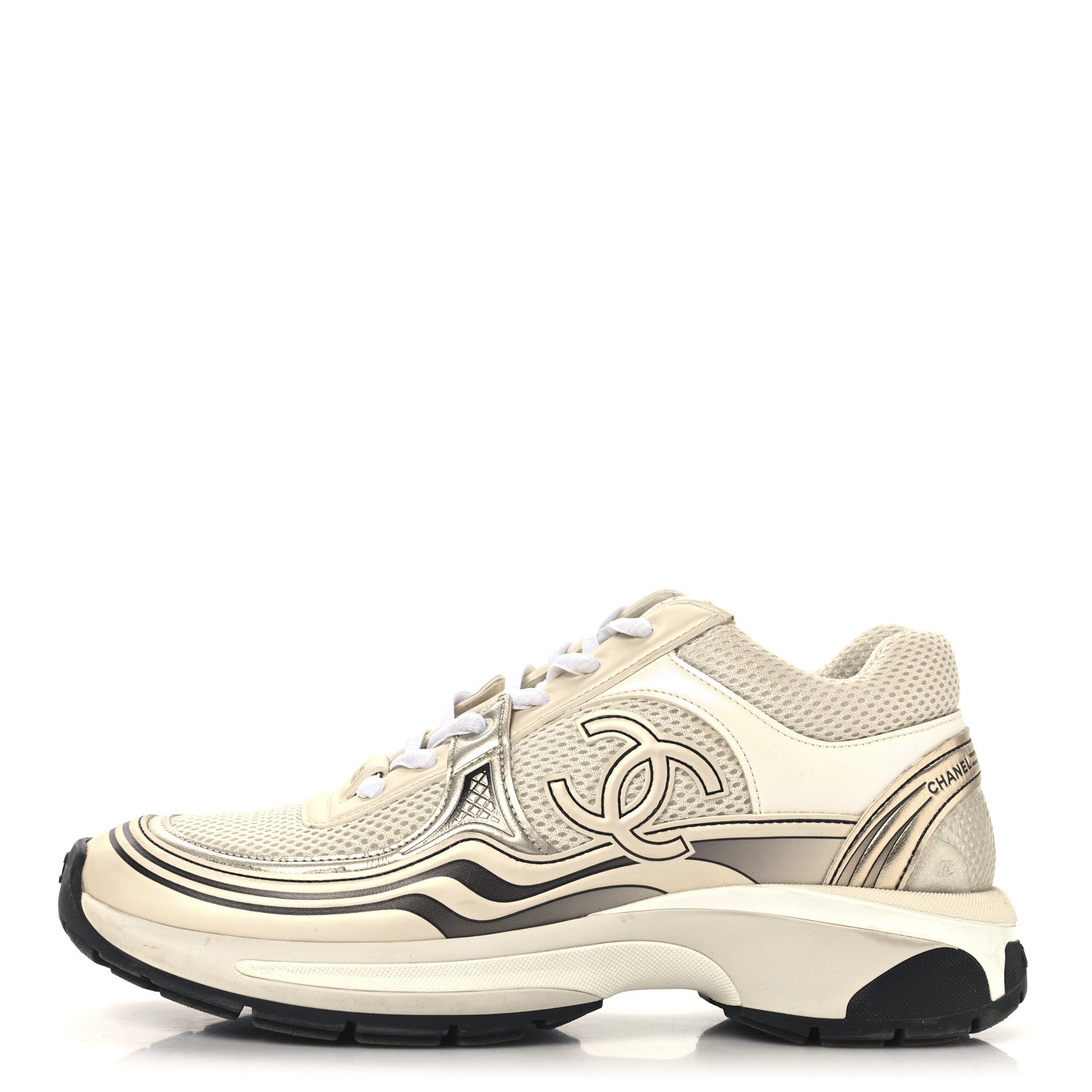 Chanel Fabric Laminated Calfskin Stretch CC Womens Sneakers 38 White Gold Silver 1 of 9