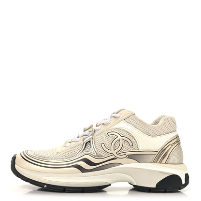 Chanel Fabric Laminated Calfskin Stretch CC Womens Sneakers 38 White Gold Silver 1 of 9