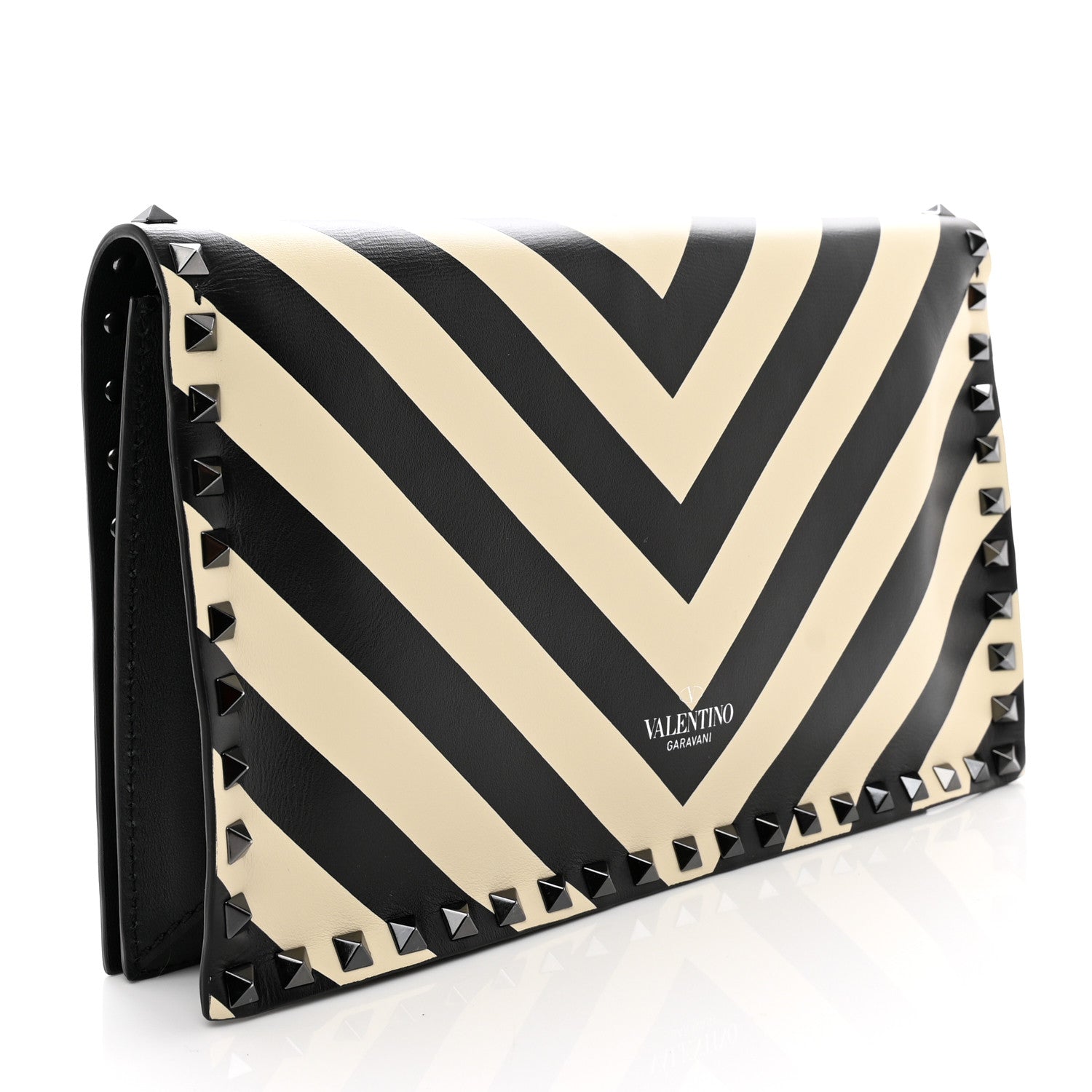 Valentino Garavani Nappa Chevron Striped Rockstud Wristlet Clutch Light Ivory Black 3 of 6