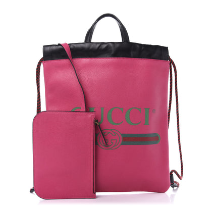 Gucci Grained Calfskin Logo Drawstring Backpack Box Pink Green Black 1 of 12