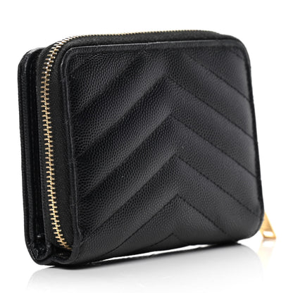 Saint Laurent Grain De Poudre Matelasse Chevron Monogram Compact Zip Around Wallet Black 2 of 6