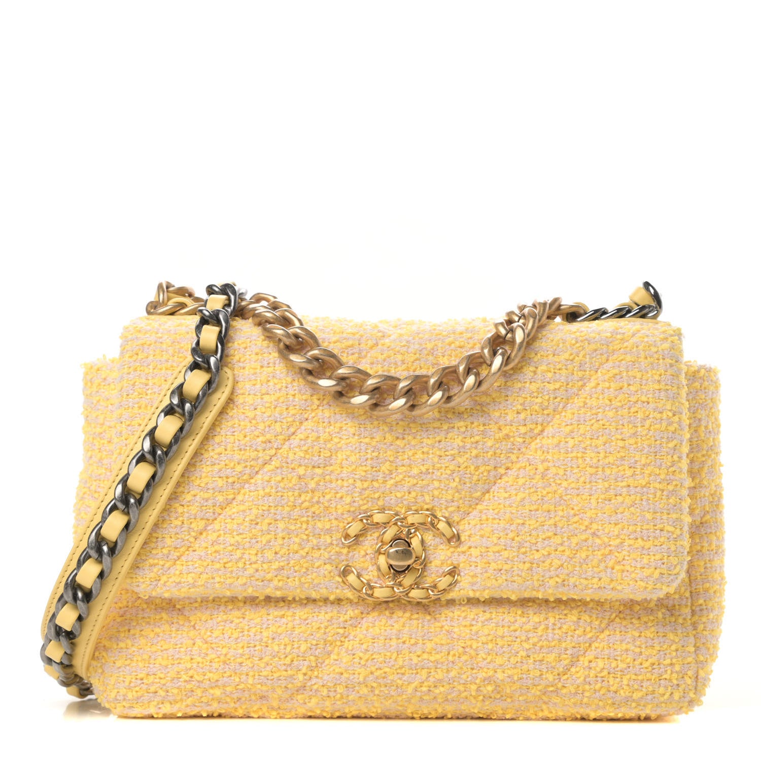 Chanel Tweed Quilted Medium Chanel 19 Flap Yellow Pink 1 of 11