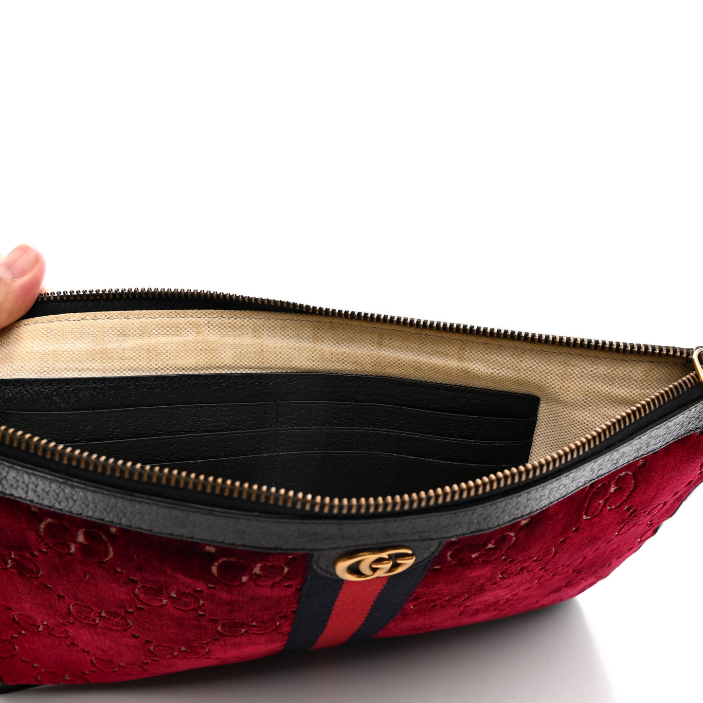 Velvet GG Monogram Textured Calfskin Web Ophidia Wristlet Red Cipria Black