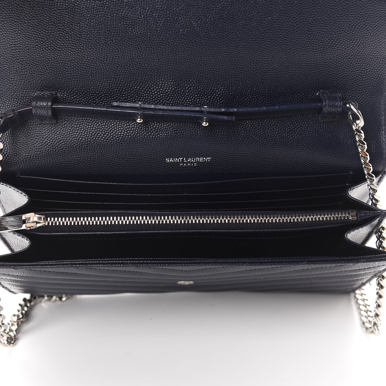 Saint Laurent Grain De Poudre Matelasse Chevron Monogram Chain Wallet Deep Marine 5 of 11