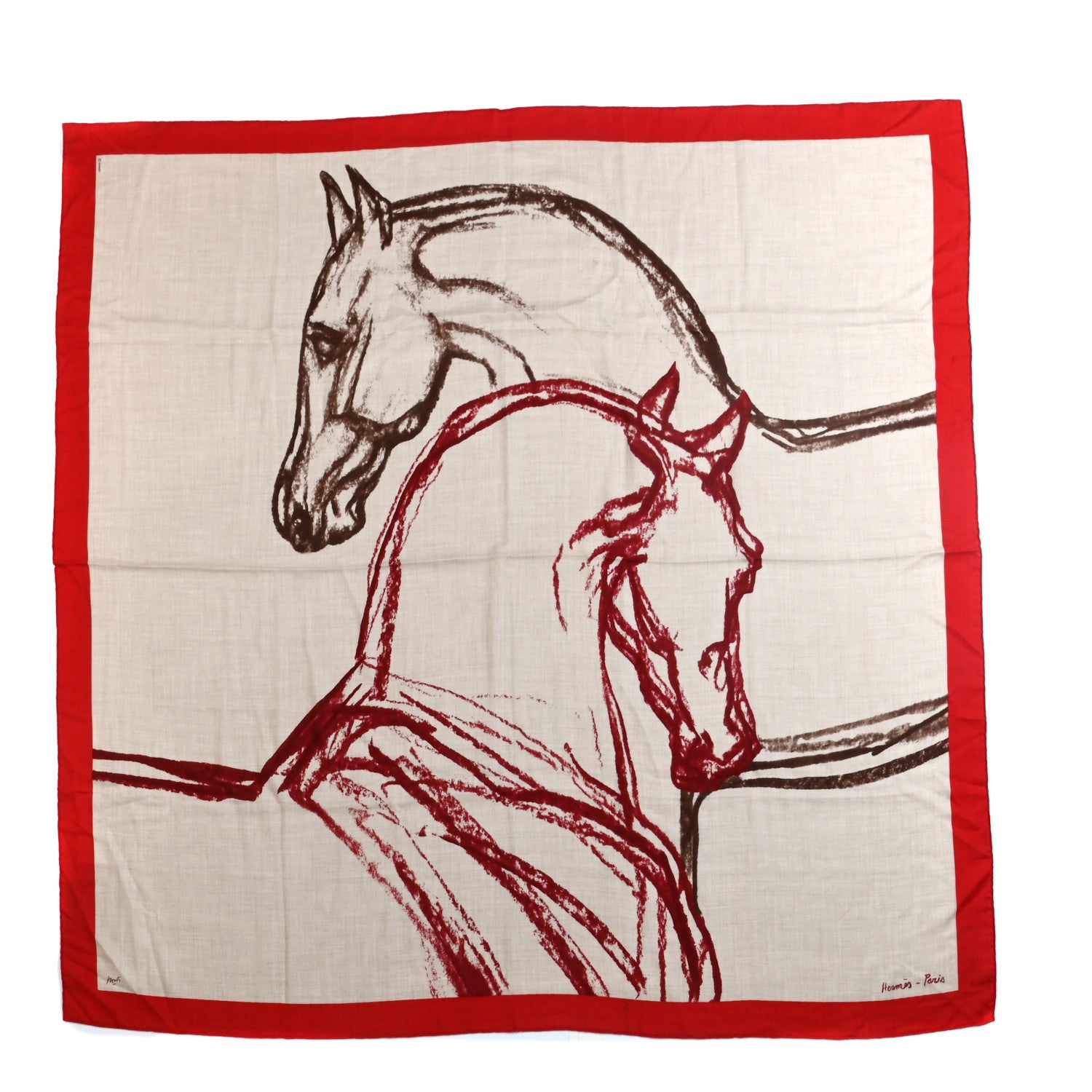 Hermes Cashmere Silk Chevaux Au Pre Shawl 140 Naturel Rouge 1 of 5
