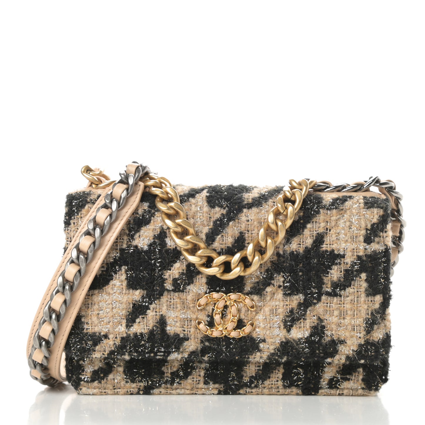 Wool Tweed Lambskin Quilted Chanel 19 Wallet On Chain WOC and Coin Purse Beige Black