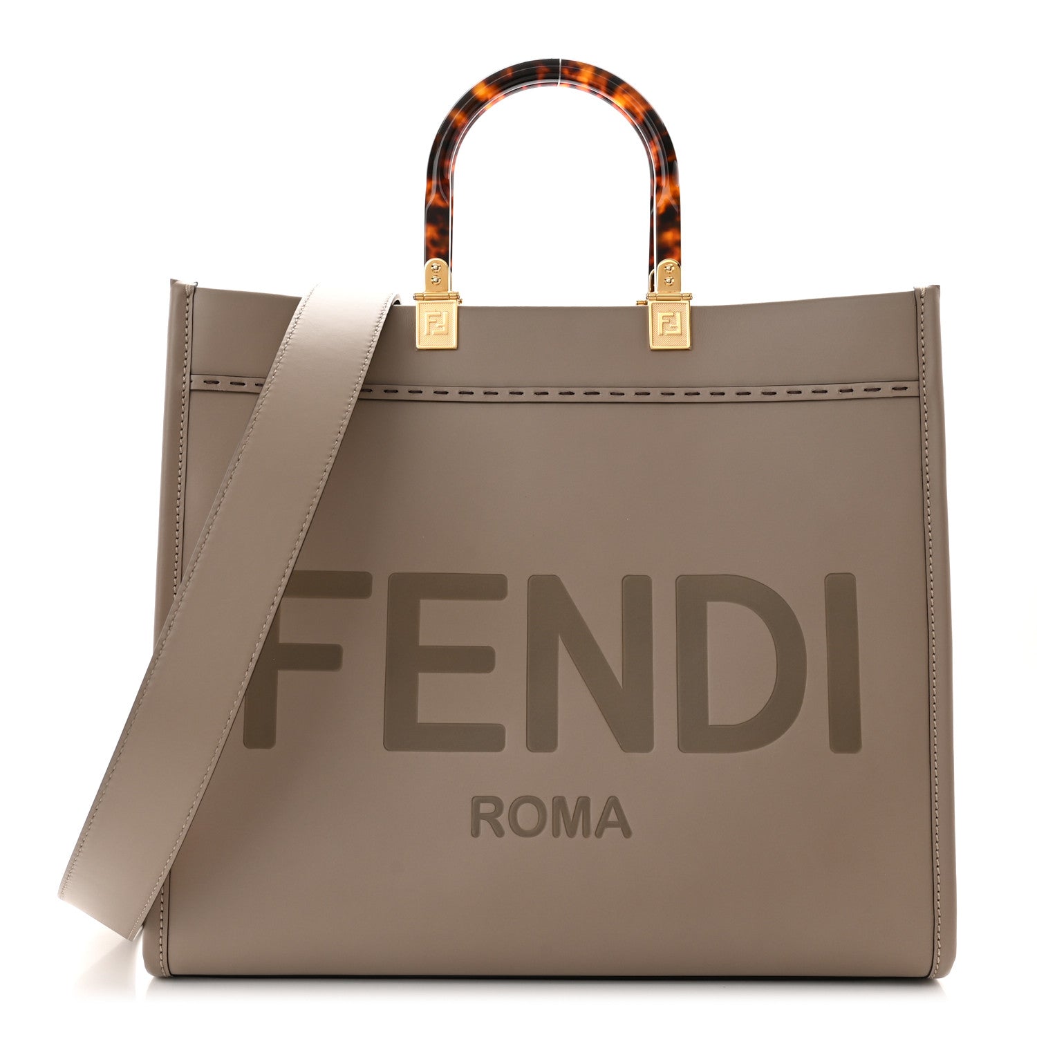 Fendi Vitello King Plexiglass Logo Embossed Medium Fendi Sunshine Shopper Tote Tortora 1 of 10