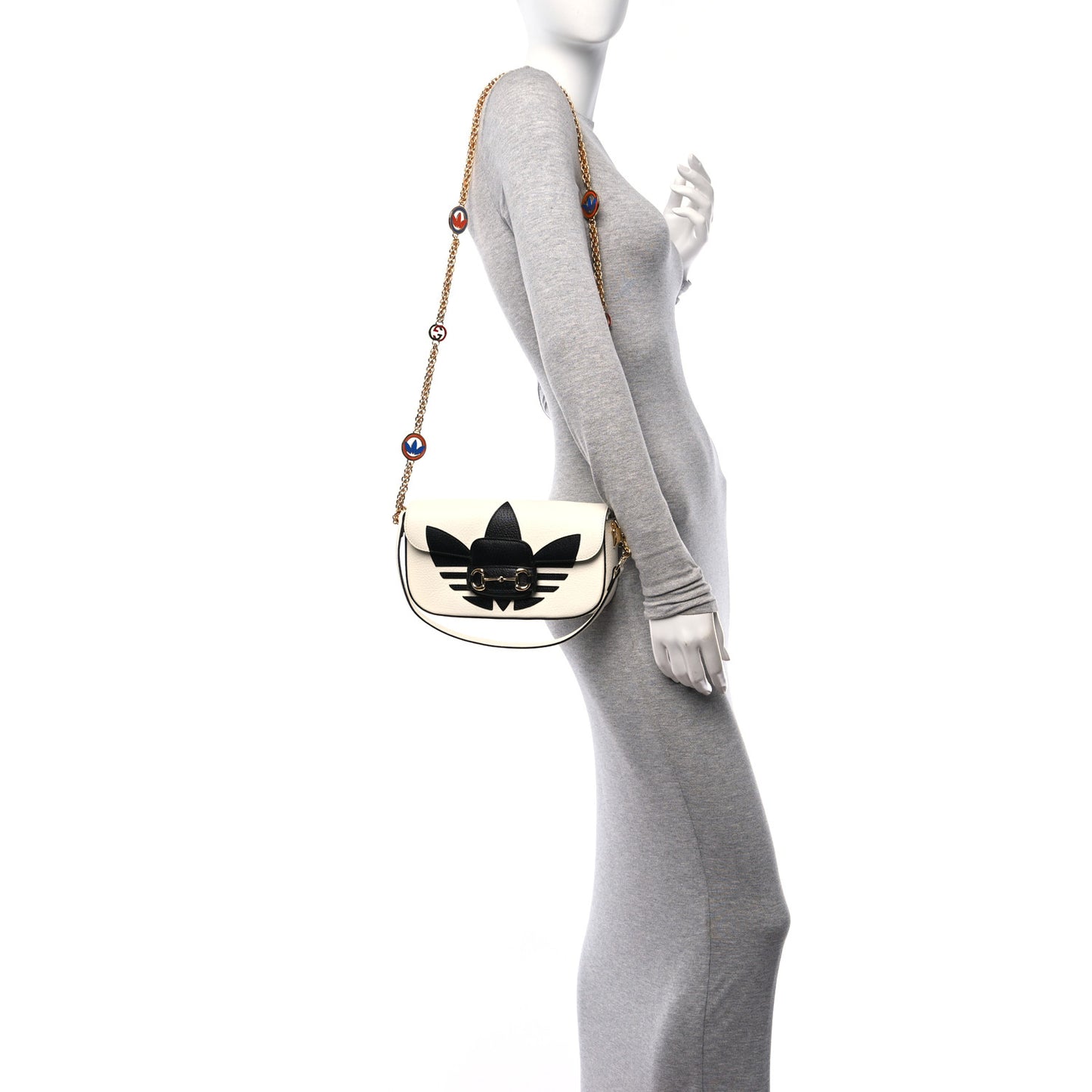 X ADIDAS Textured Dollar Calfskin Web Trefoil Mini Horsebit 1955 Shoulder Bag Off White Black