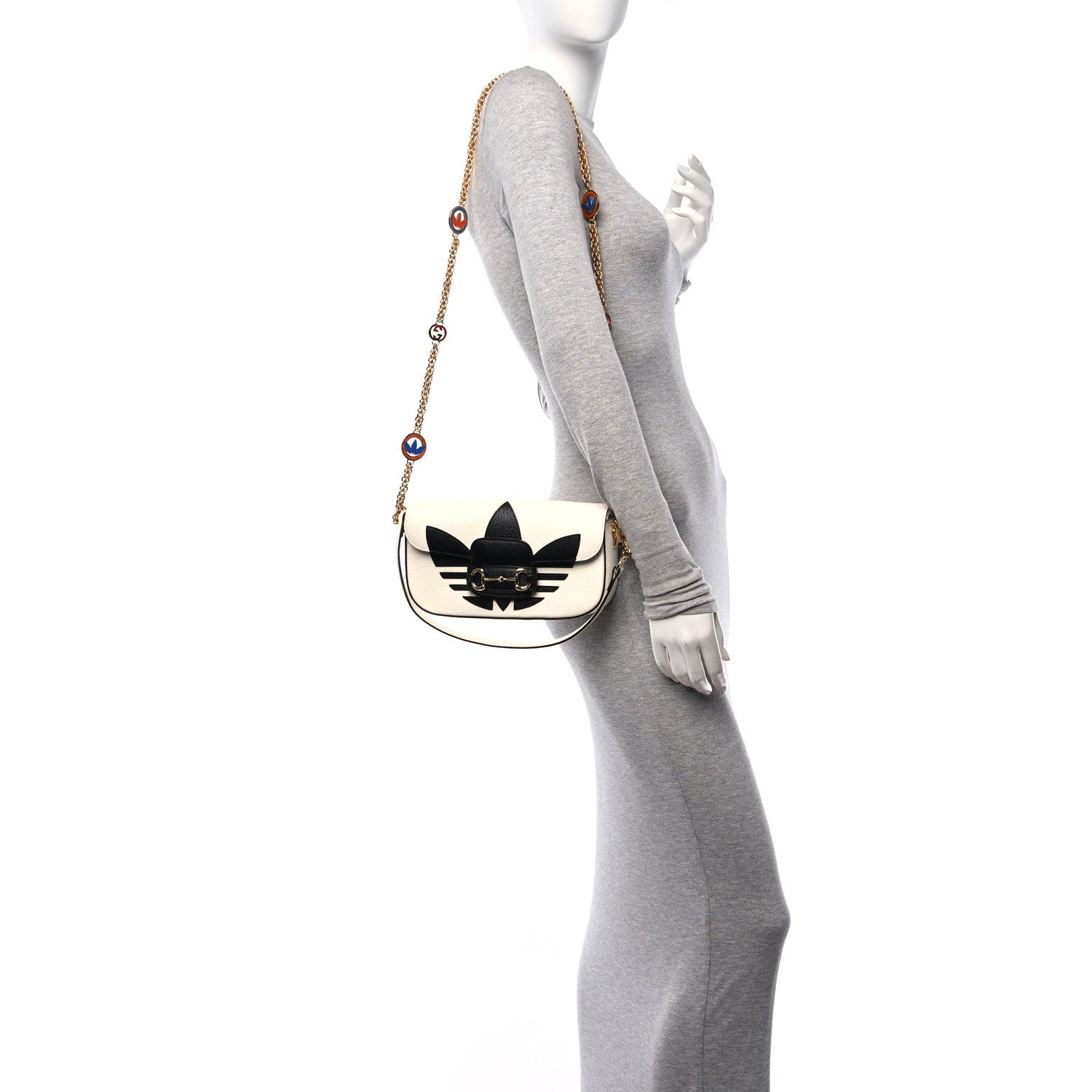 Gucci X ADIDAS Textured Dollar Calfskin Web Trefoil Mini Horsebit 1955 Shoulder Bag Off White Black 2 of 10