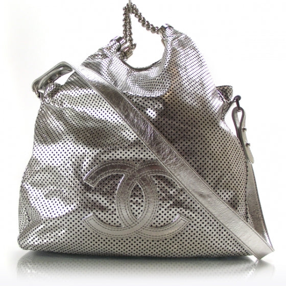 Metallic Glazed Calfskin Perforated Medium Rodeo Drive Tote Silver