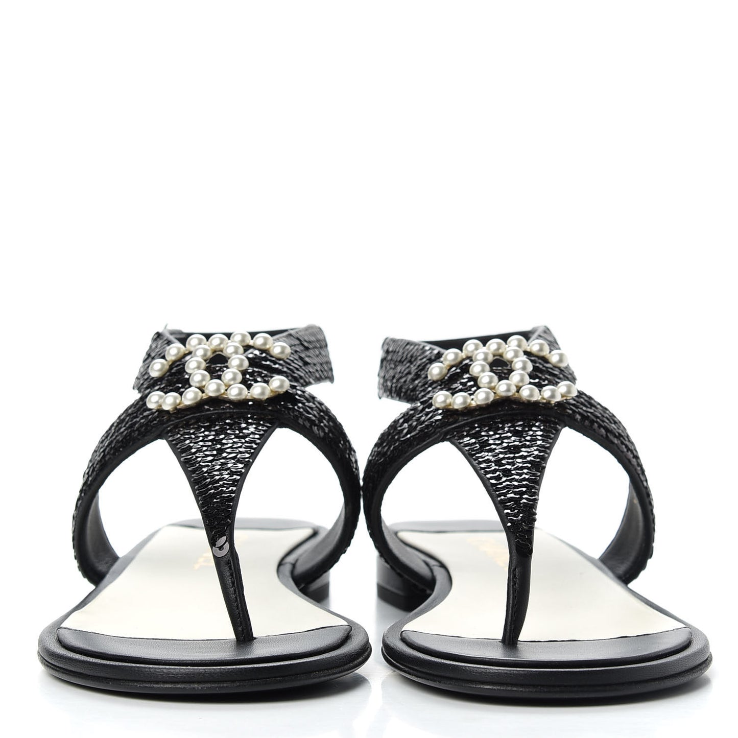 Lambskin Sequin Pearl CC Thong Sandals 38 Black
