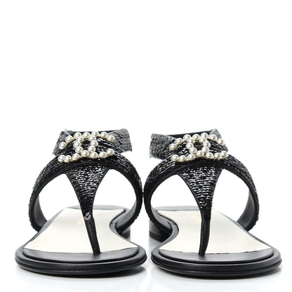 Chanel Lambskin Sequin Pearl CC Thong Sandals 38 Black 2 of 11