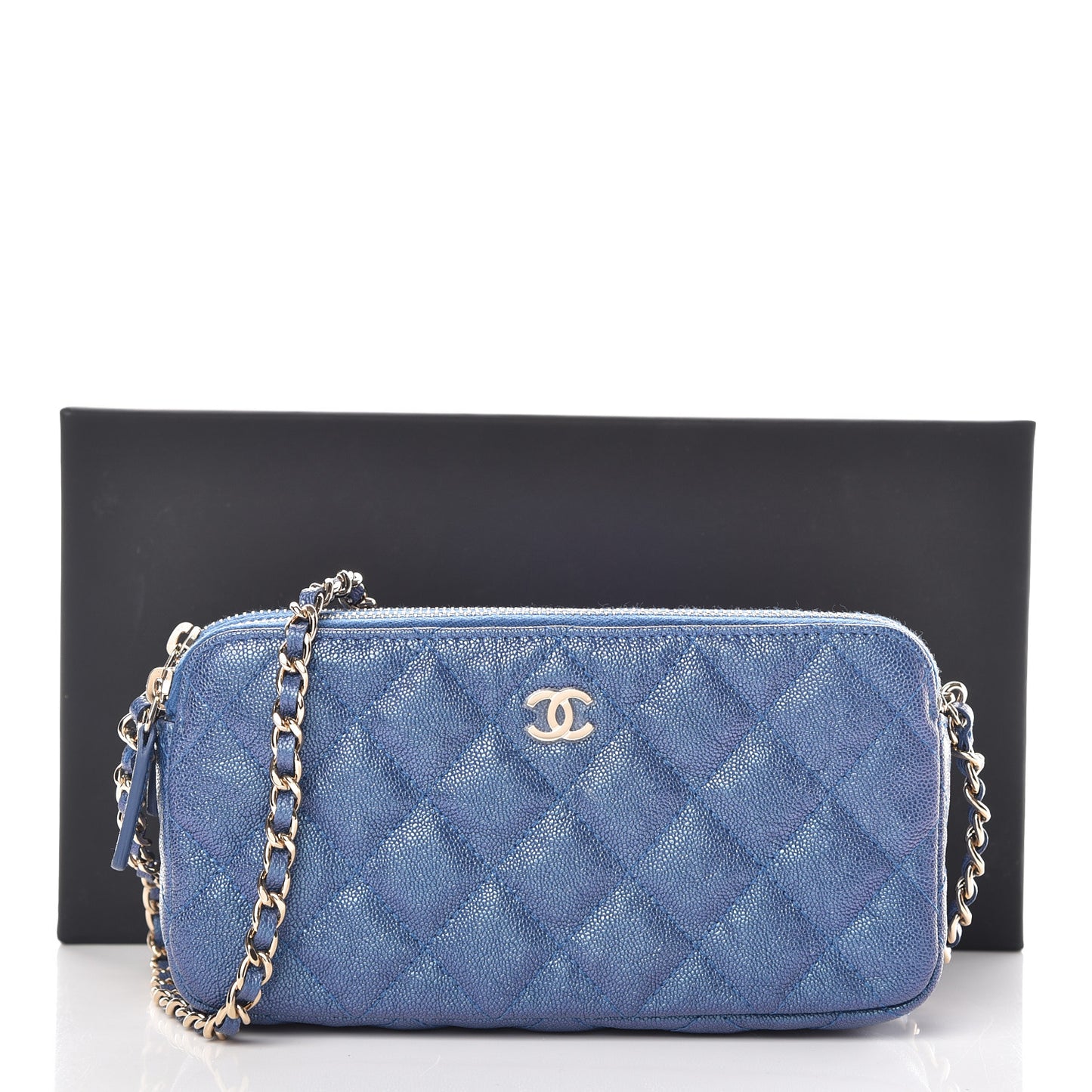 Iridescent Caviar Quilted Clutch With Chain Dark Blue