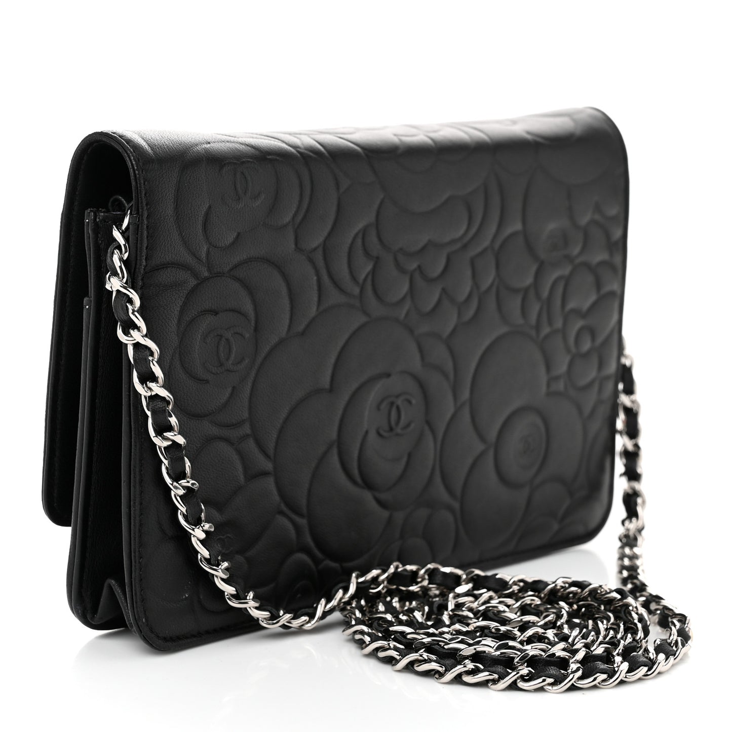 Lambskin Camellia Embossed Wallet On Chain WOC Black