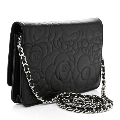 Chanel Lambskin Camellia Embossed Wallet On Chain WOC Black 3 of 11