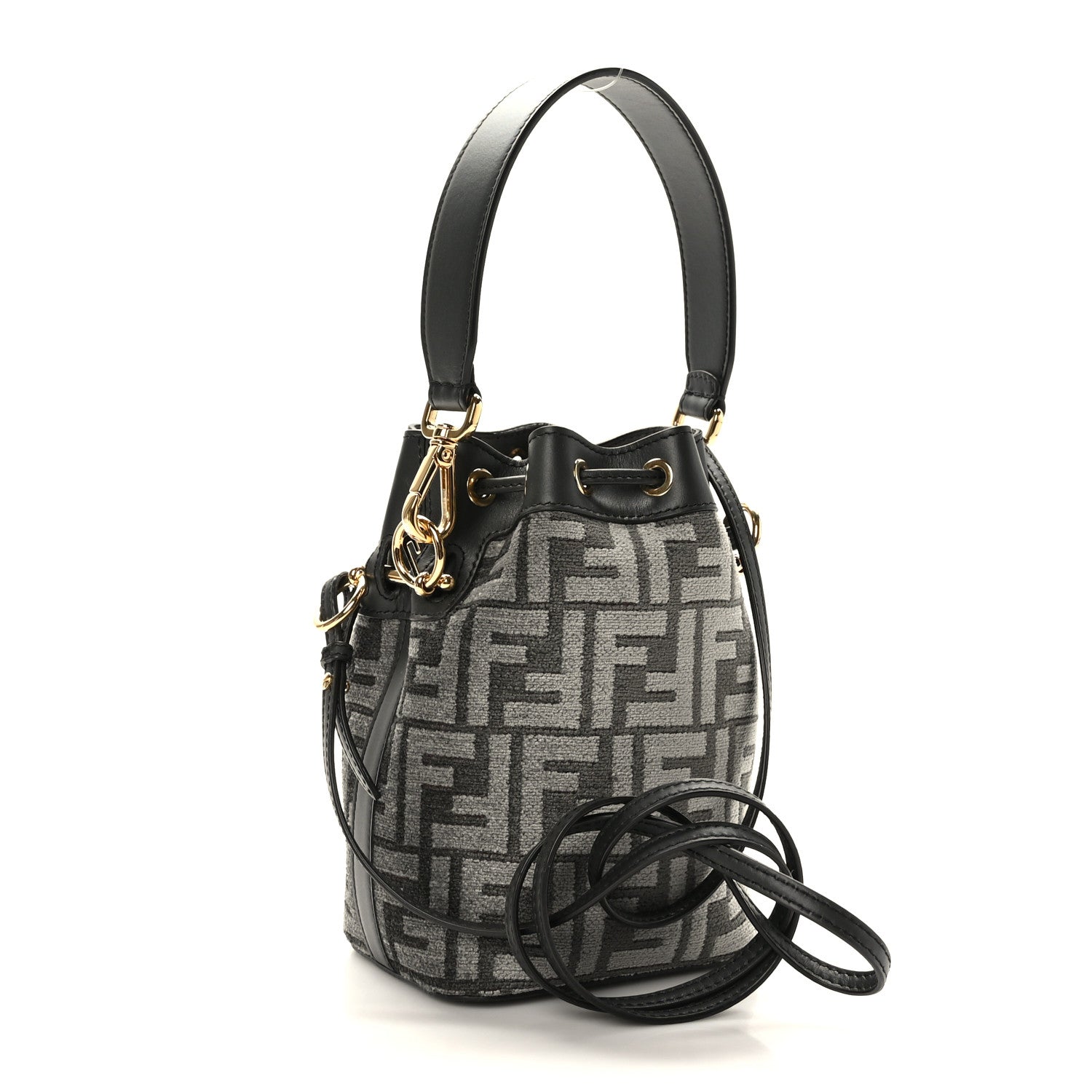 Fendi Chenille Vitello King FF Mini Mon Tresor Bucket Bag Antracite Asfalto 3 of 9