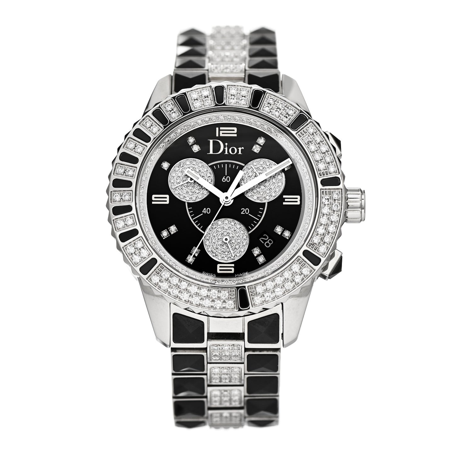 Stainless Steel Diamond Pave Sapphire 38mm Christal Chronograph Quartz Watch Black