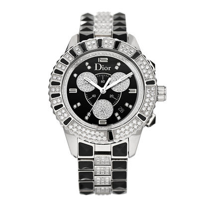 Christian Dior Stainless Steel Diamond Pave Sapphire 38mm Christal Chronograph Quartz Watch Black 1 of 5