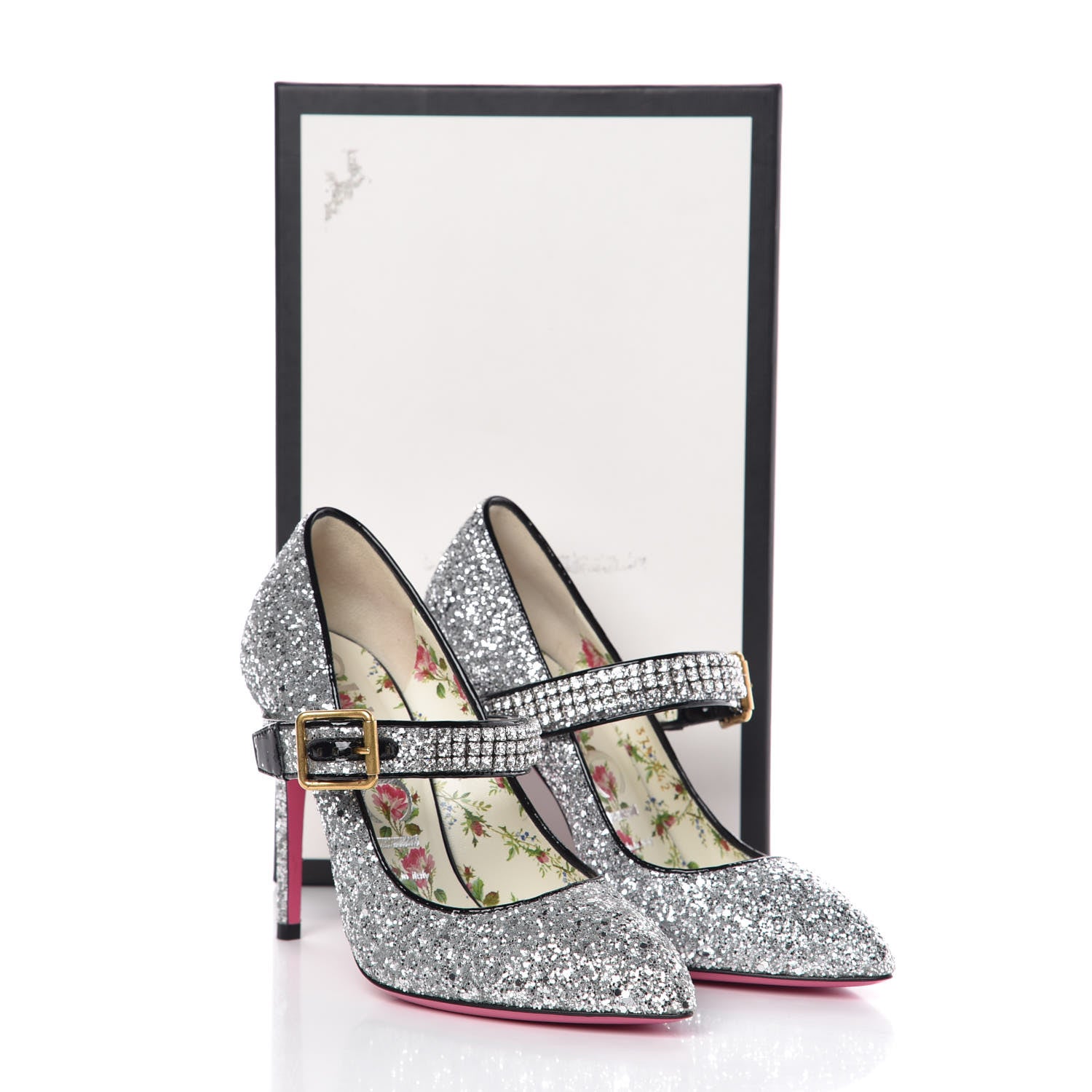 Gucci Calfskin Glitter Slyvie Mary Jane Pumps 37.5 Argento 8 of 8