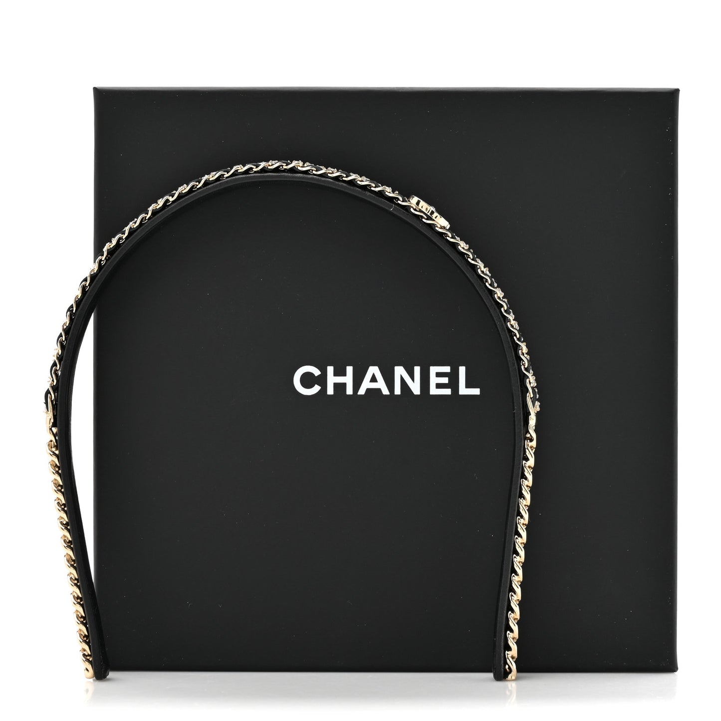 Metal Lambskin Crystal CC Chain Headband Gold Black