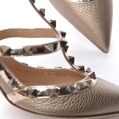 Valentino Garavani Metallic Pebbled Calfskin Patent Rockstud Ankle Strap Pumps 38.5 Sasso 9 of 9