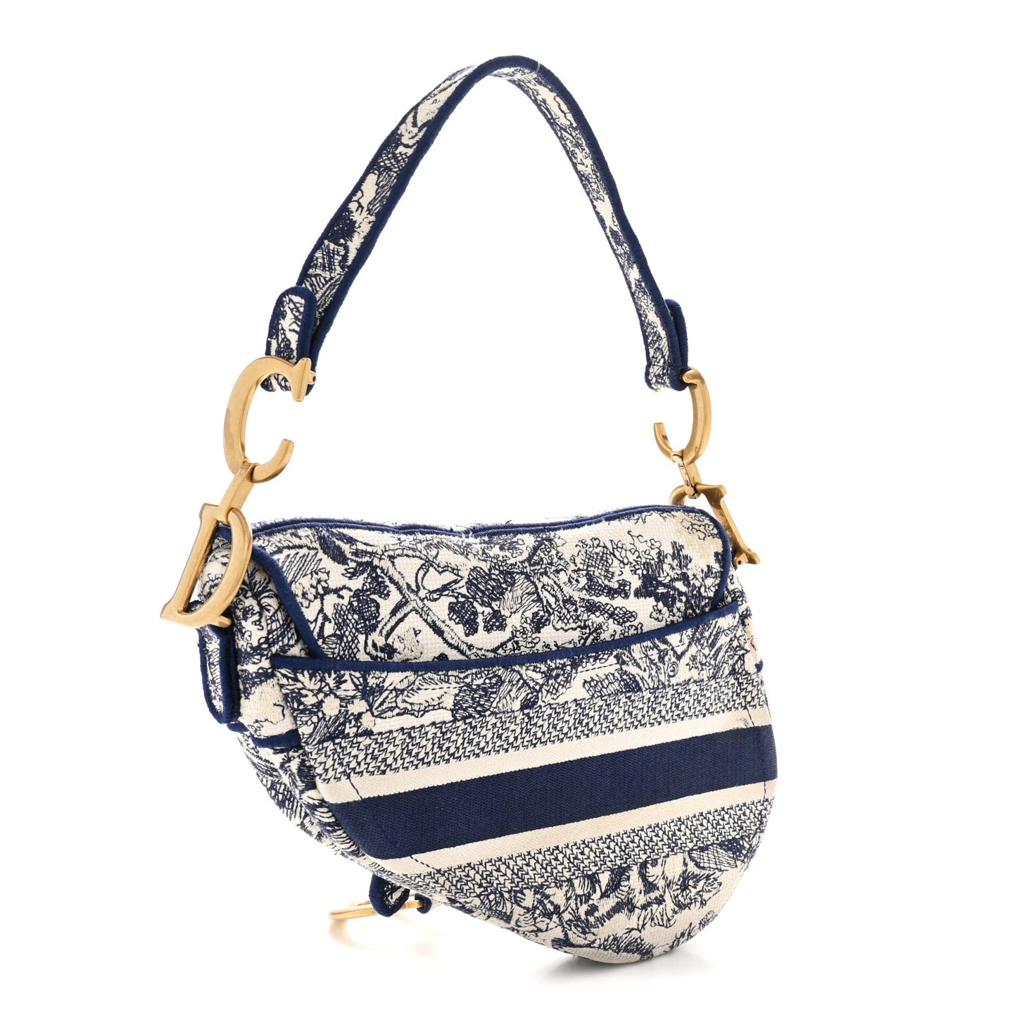 Canvas Embroidered Toile de Jouy Saddle Bag Blue
