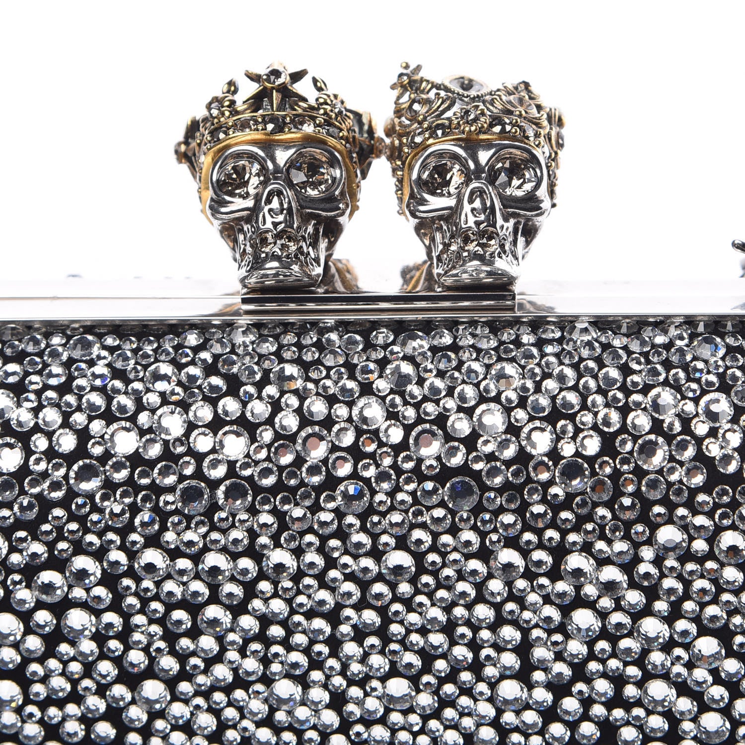 Alexander McQueen Crystal Nappa Queen and King Skull Box Chain Clutch Black Silver 7 of 13