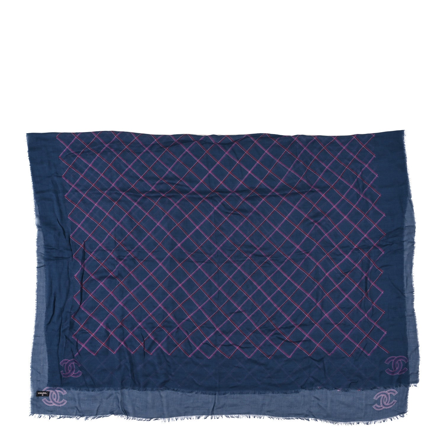 Chanel Cotton Cashmere Quilted CC Logo Stole Navy Pink 2 of 3