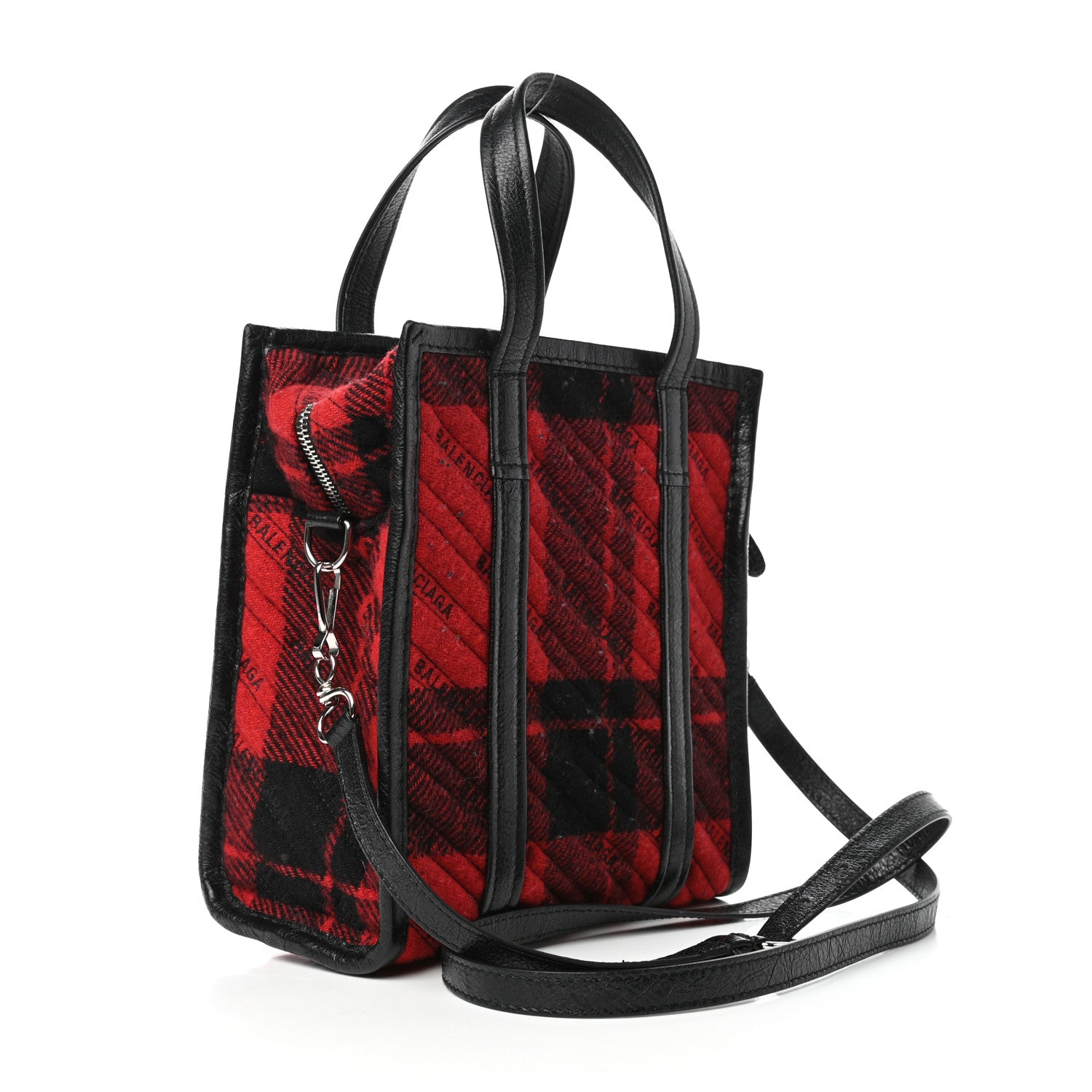 Balenciaga Wool Cuir Arena Plaid Diagonal Allover Logo Matelasse XS Bazar Shopper Tote Red Black 3 of 8