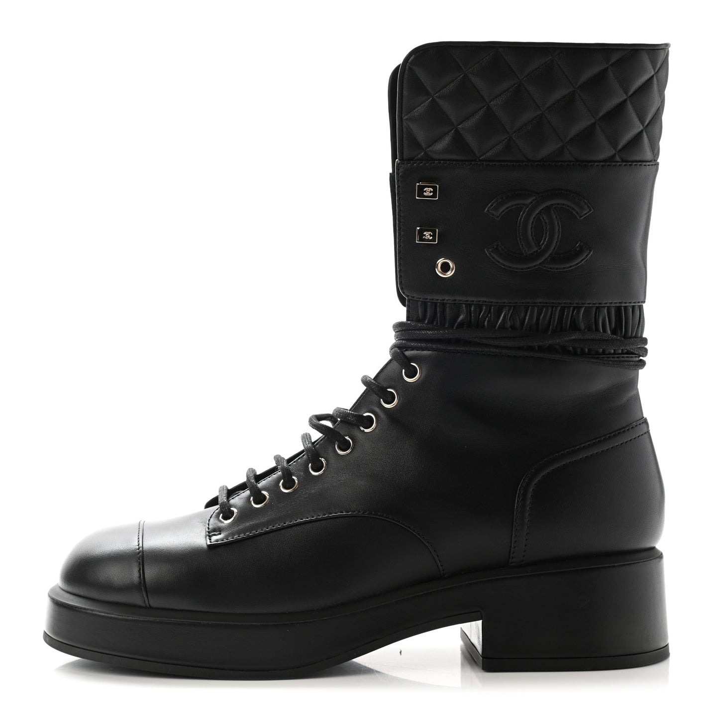 Lambskin Quilted Lace Up Combat Boots 41 Black