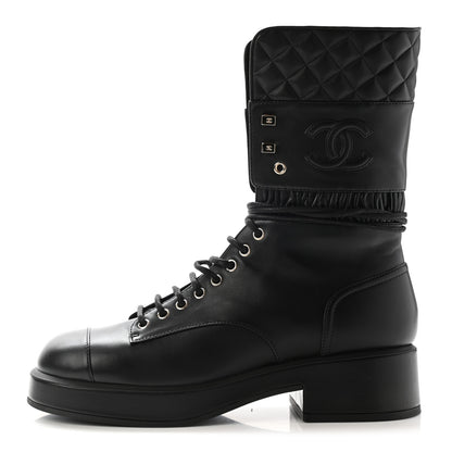 Chanel Lambskin Quilted Lace Up Combat Boots 41 Black 1 of 9