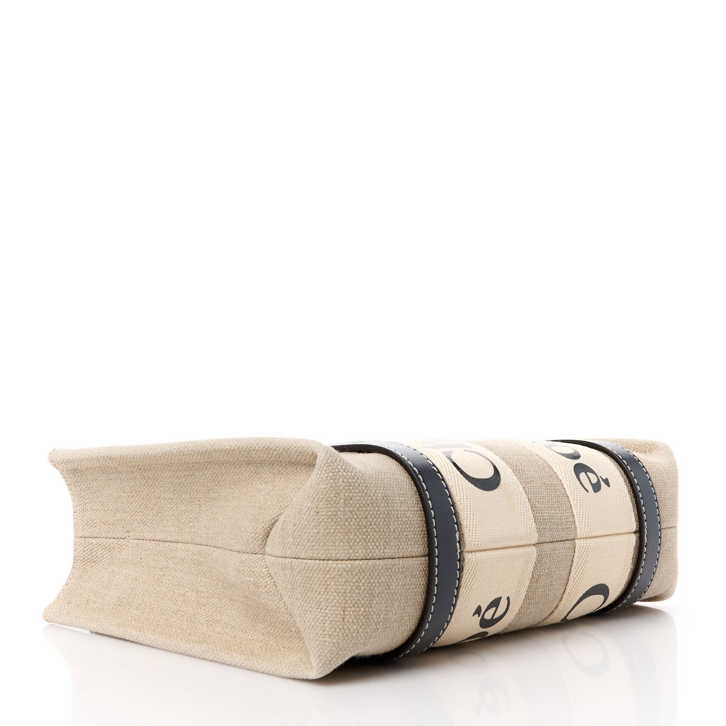 Linen Calfskin Small Woody Ribbon Tote With Strap White Navy