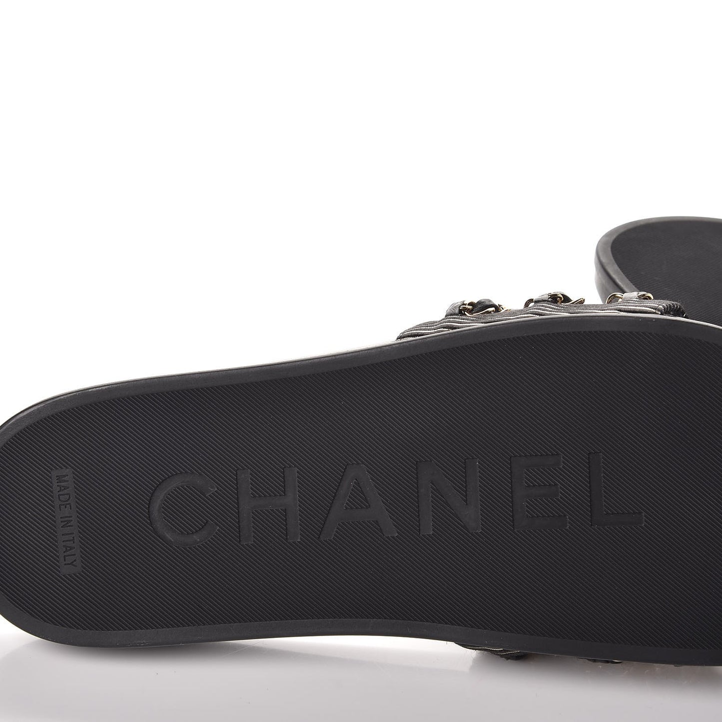 Calfskin Chain Camellia Flat Sandals 38 Black