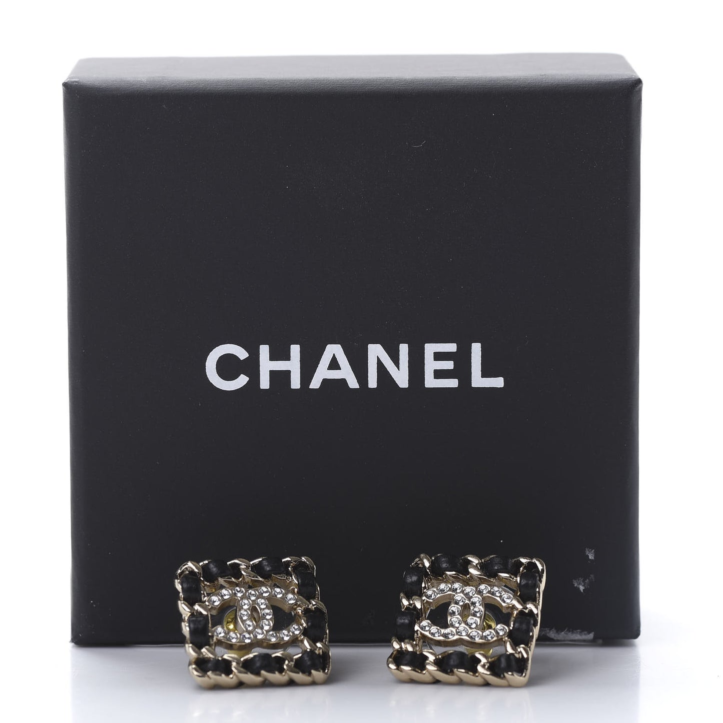 Crystal Lambskin Chain Sergeant Stud Earrings Black Gold