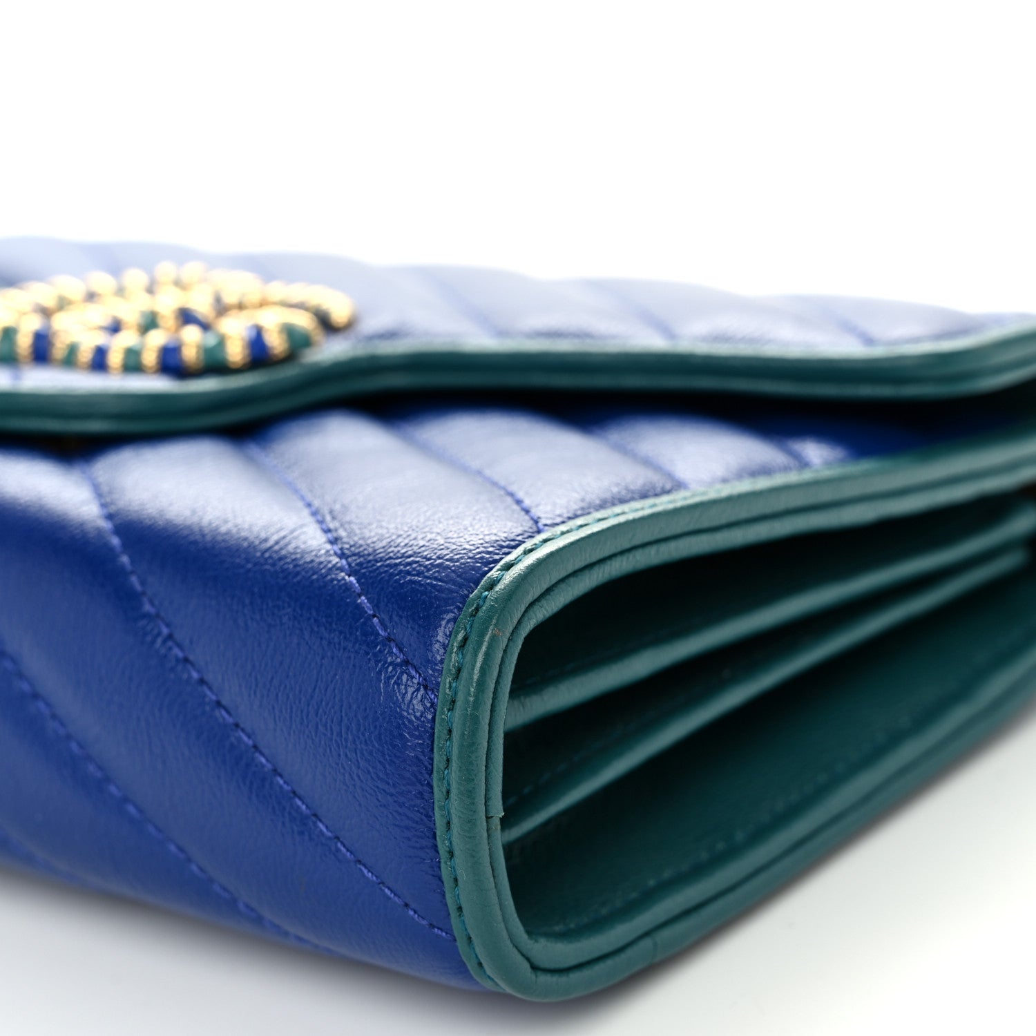 Gucci Azalea Calfskin Enamel Matelasse Diagonal Torchon GG Marmont Chain Wallet Imperial Blue Pavone 10 of 10