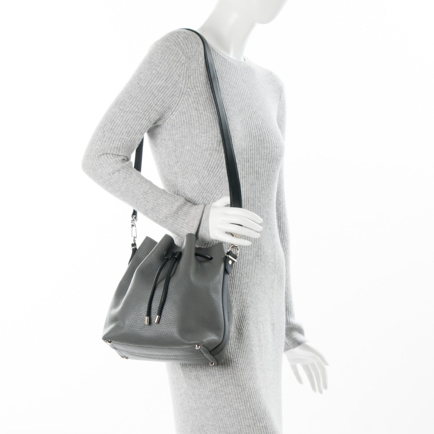 Calfskin Buffalo Medium Bucket Bag Grey