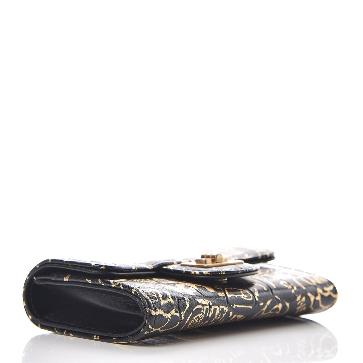 Calfskin Crocodile Embossed Graffiti 2.55 Cocodile Reissue Flap Card Holder Black Gold