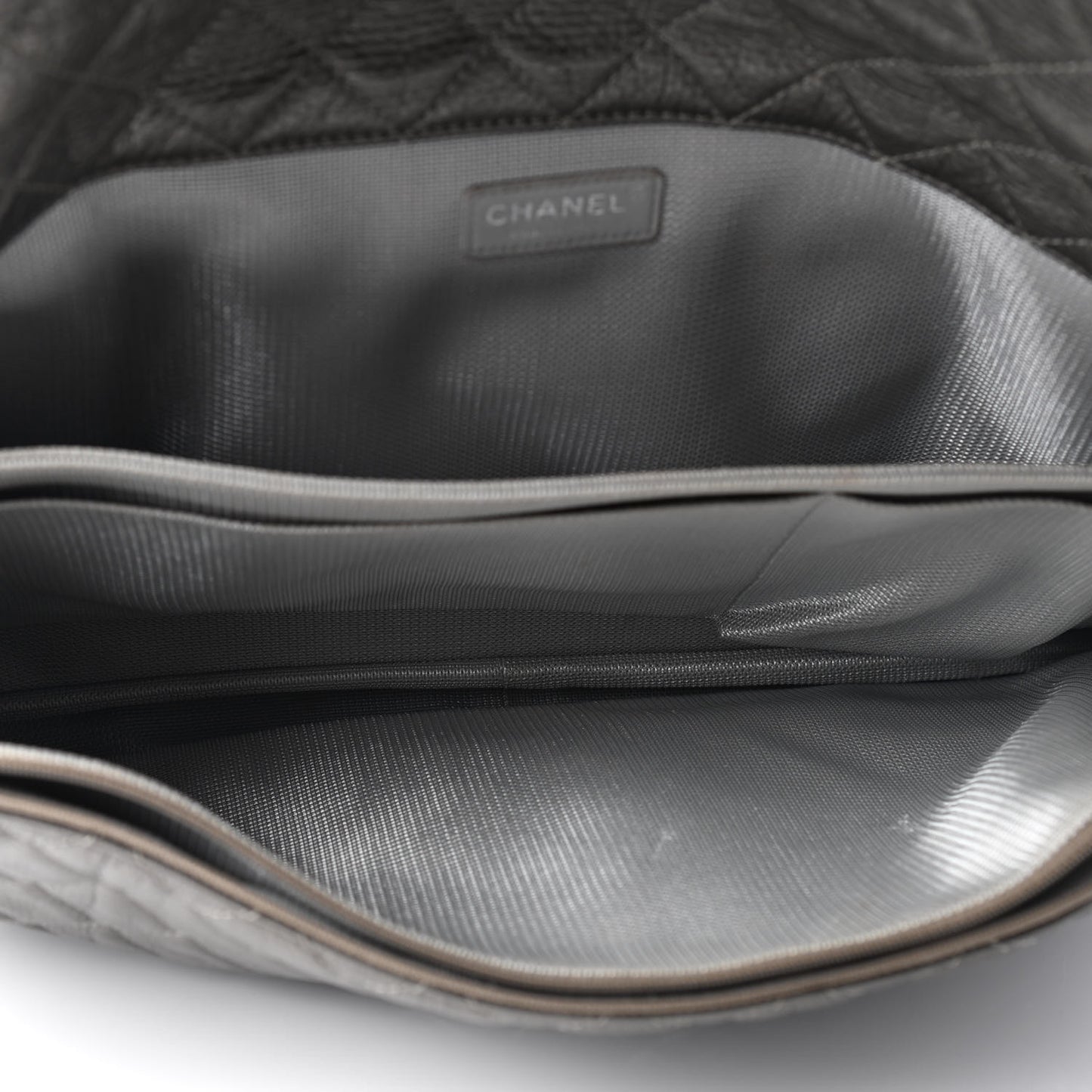 Metallic Calfskin Quilted XXL Travel Flap Bag Silver