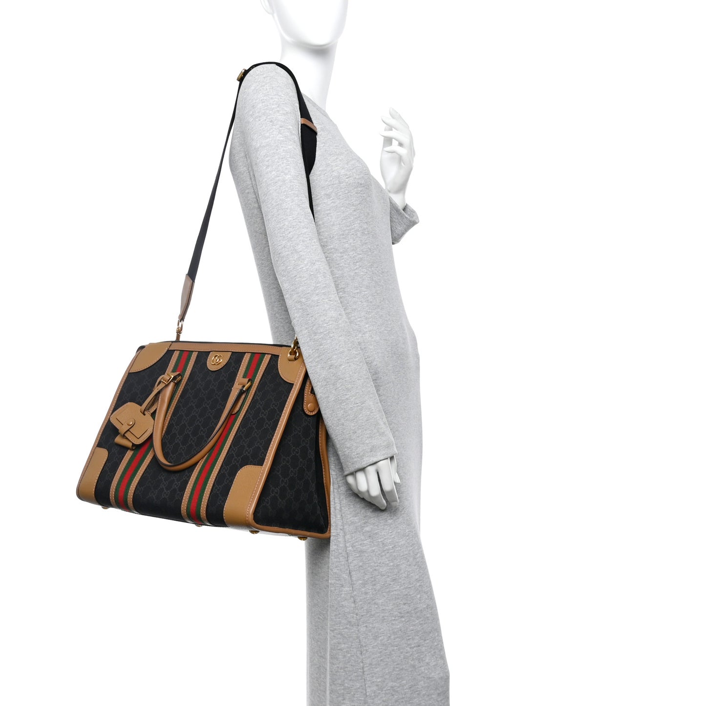 Monogram Textured Dollar Calfskin Web Large Bauletto Duffle Top Handle Bag Black Koi Beige