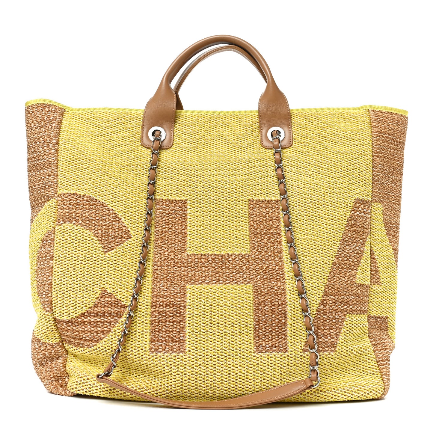 Mixed Fibers Large Shopping Bag Yellow Brown
