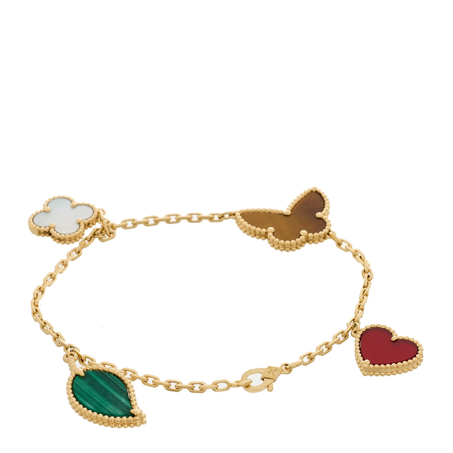 Van Cleef & Arpels 18K Yellow Gold Mother of Pearl Malachite Carnelian Tiger Eye 4 Motifs Lucky Alhambra Bracelet 2 of 4