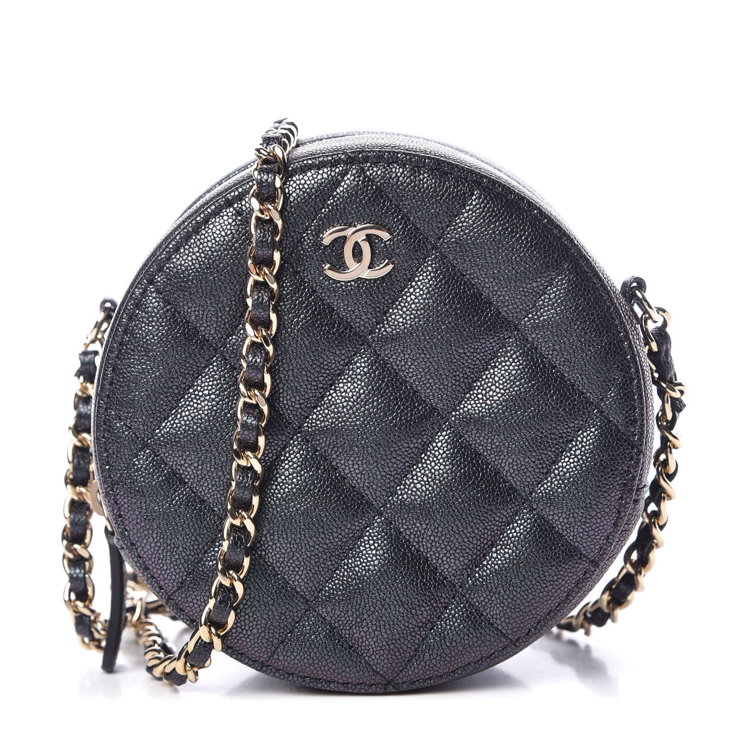Iridescent Caviar Quilted Round Clutch With Chain Black