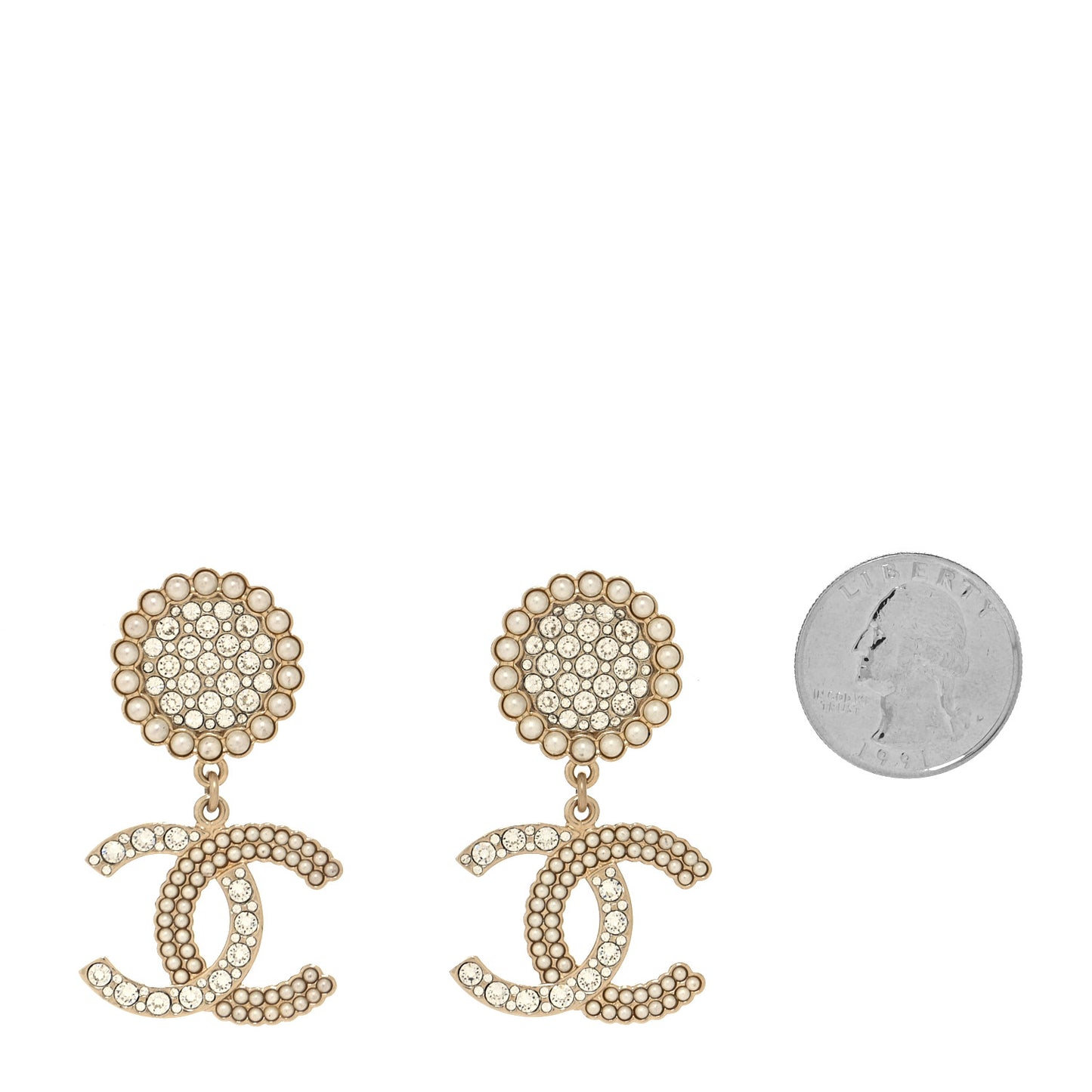 Crystal Pearl CC Drop Round Earrings Gold