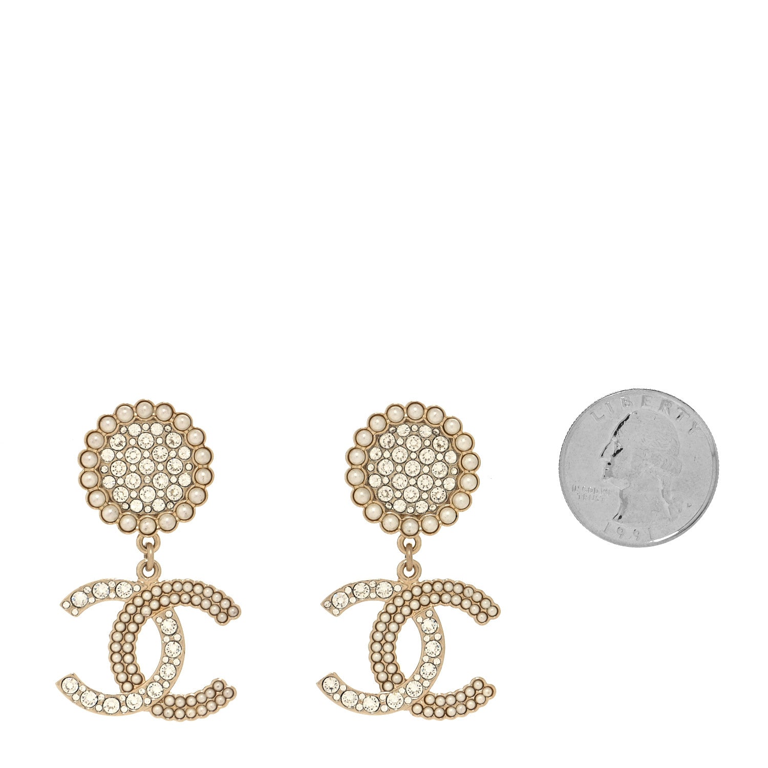 Chanel Crystal Pearl CC Drop Round Earrings Gold 2 of 4