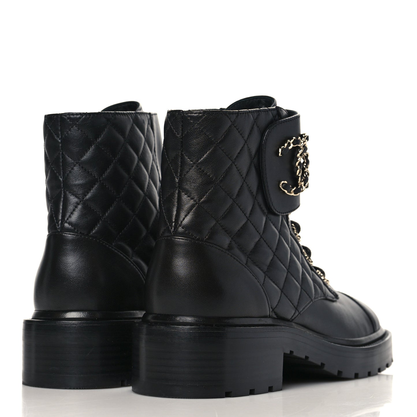 Shiny Lambskin Quilted Lace Up Combat Boots 38.5 Black