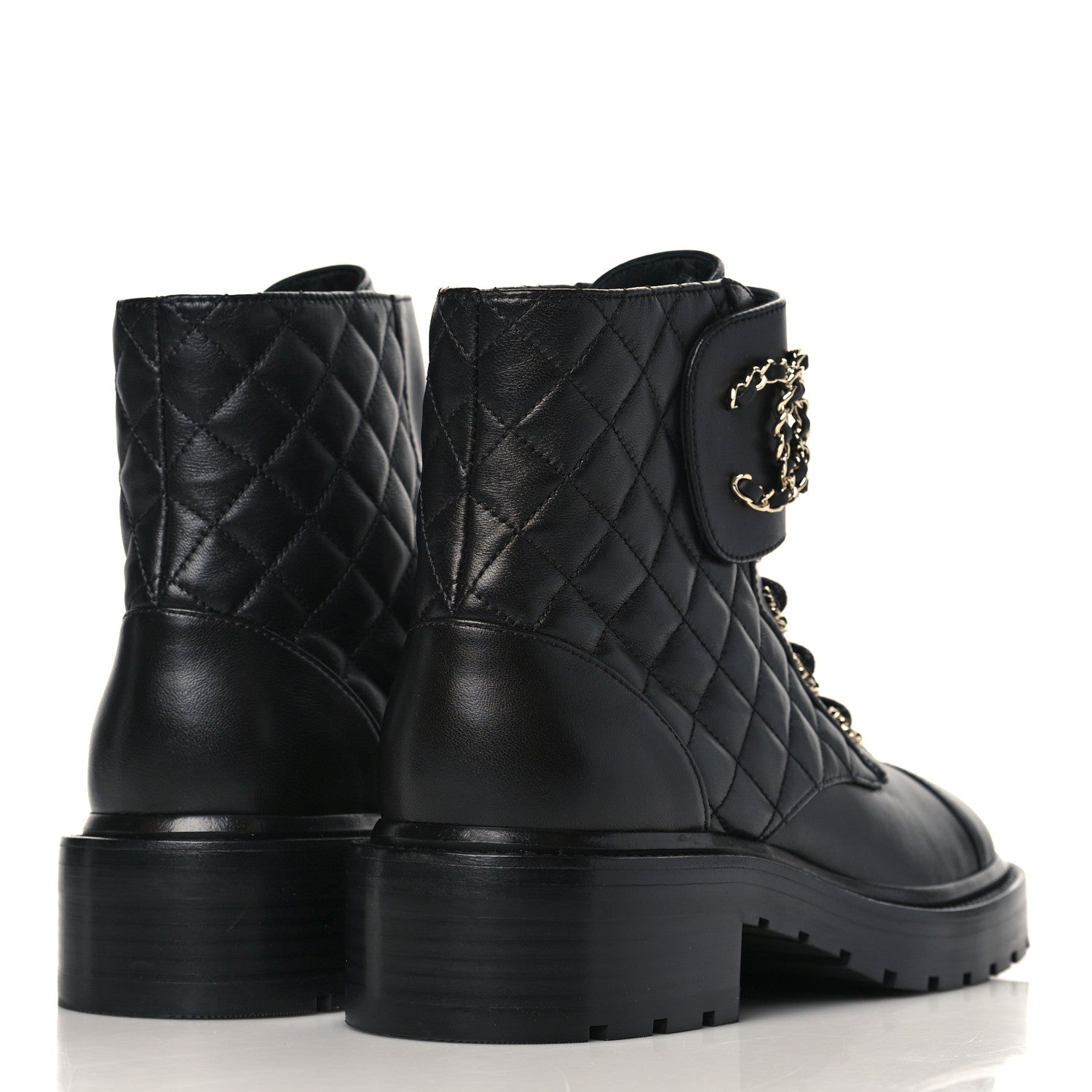 Chanel Shiny Lambskin Quilted Lace Up Combat Boots 38.5 Black 4 of 8