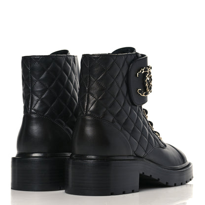 Chanel Shiny Lambskin Quilted Lace Up Combat Boots 38.5 Black 4 of 8