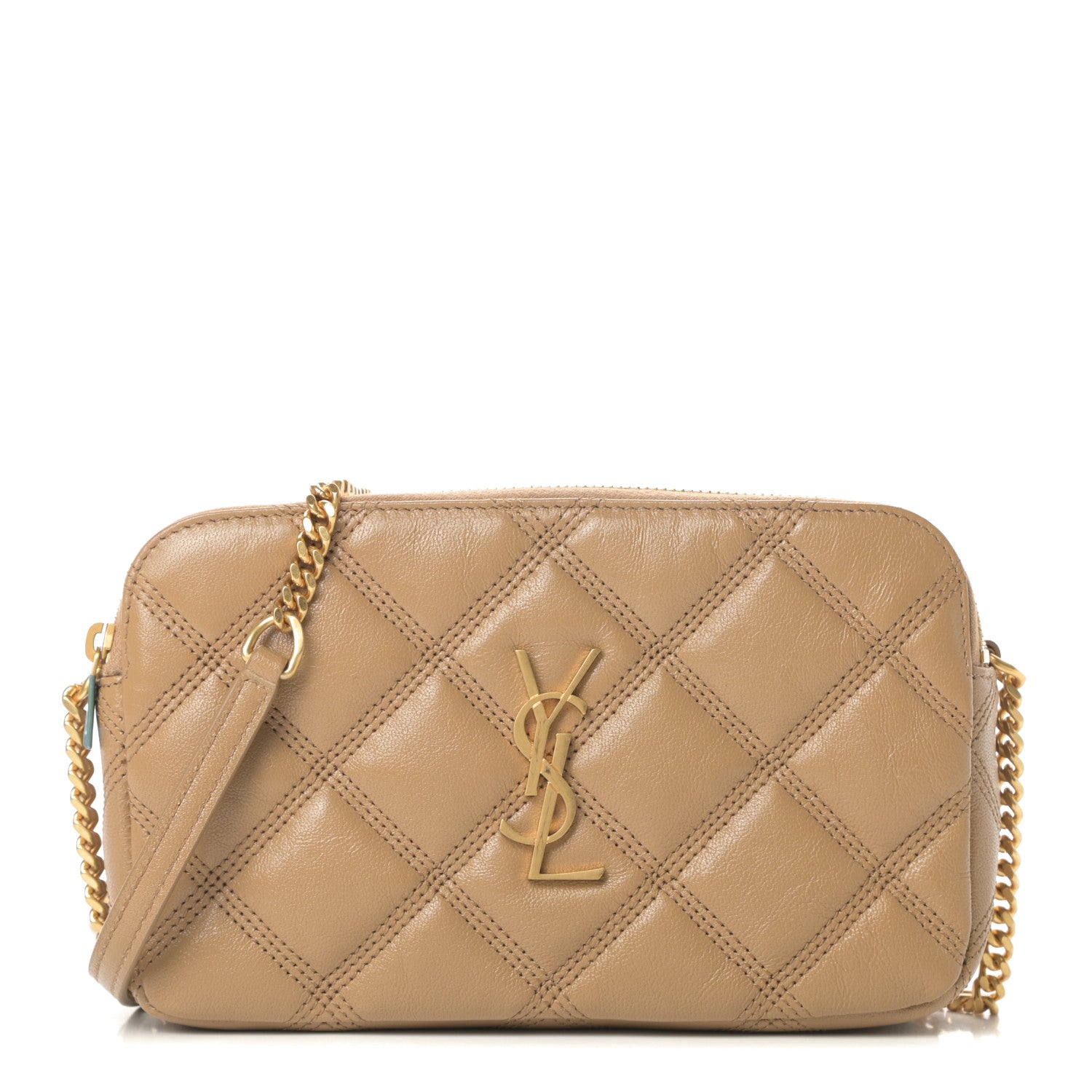 Saint Laurent Grained Lambskin Quilted Mini Becky Double Zip Bag Natural Tan 1 of 12
