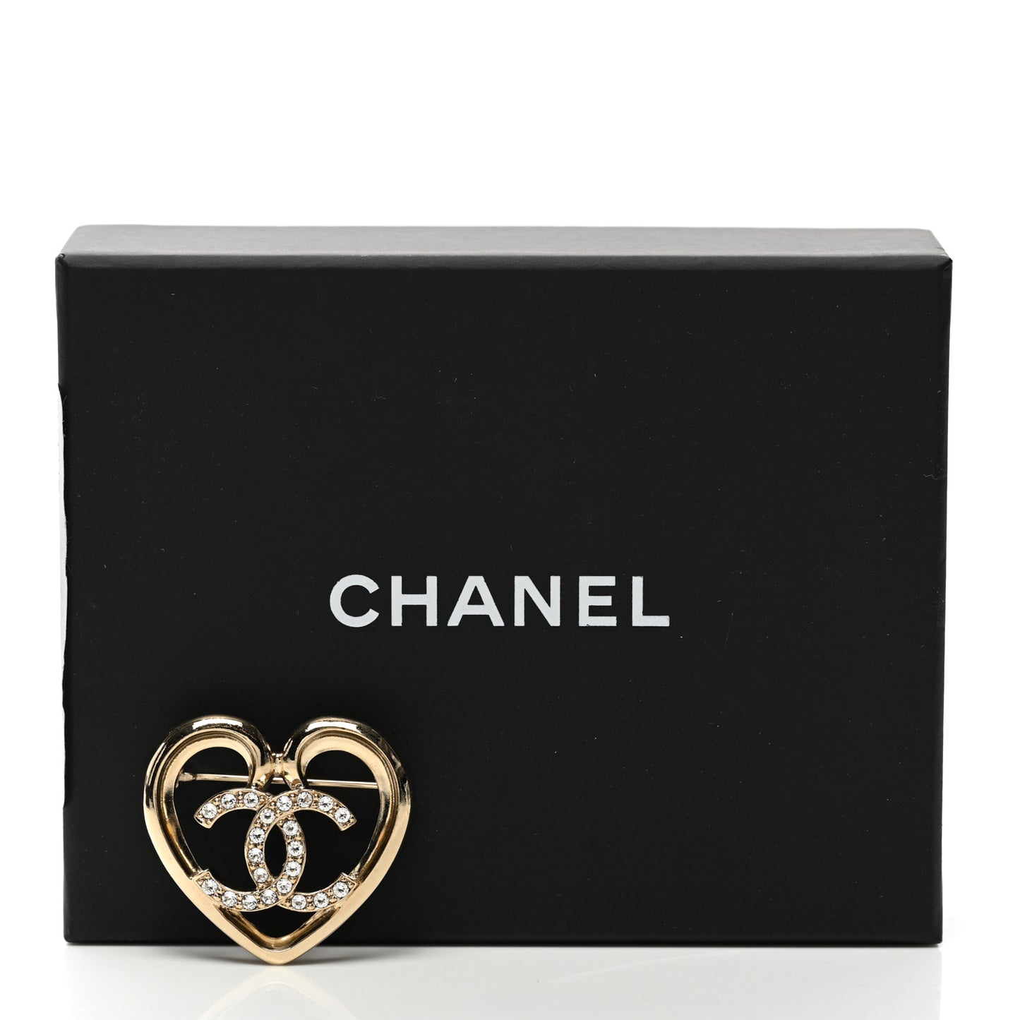 Metal Crystal CC Logo Heart Brooch Gold