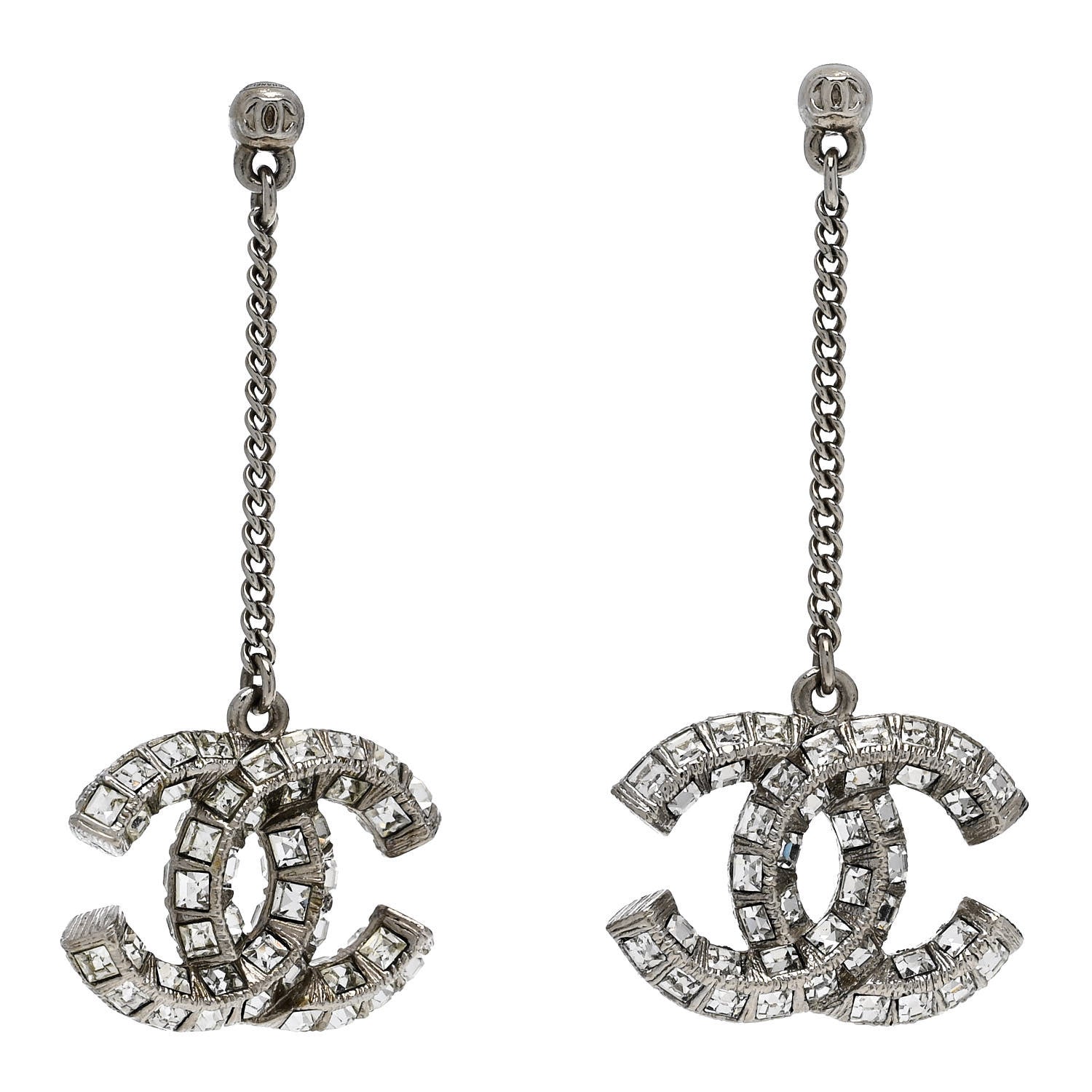 Chanel Baguette Crystal CC Drop Earrings Silver 1 of 5